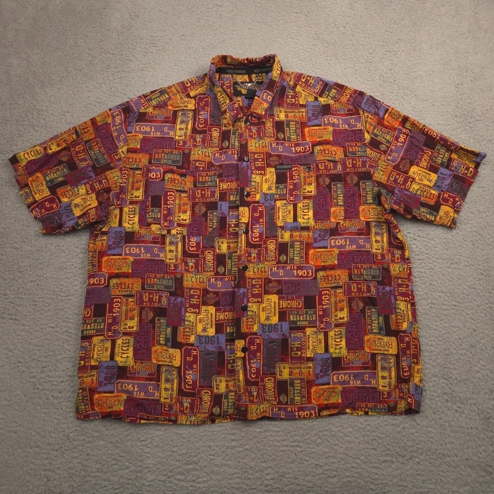 Vtg 2003‎ Harley Davidson American Legend Rayon License Plate Shirt XXL